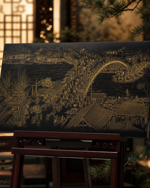 Along the River During Qingming Festival Gold-painted Lacquer Mural