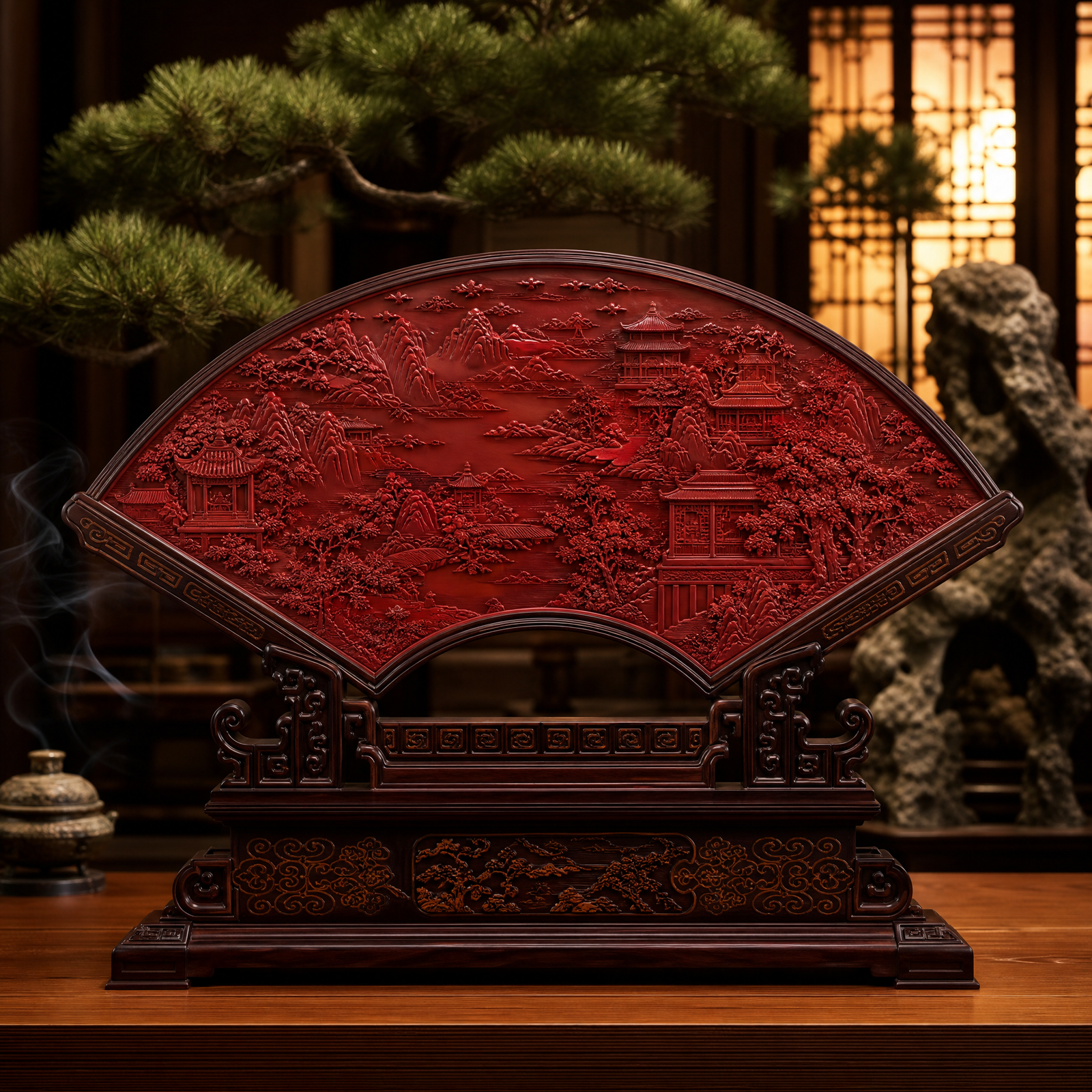 Chengxiang Fan-shaped Carved Lacquer Large Screen