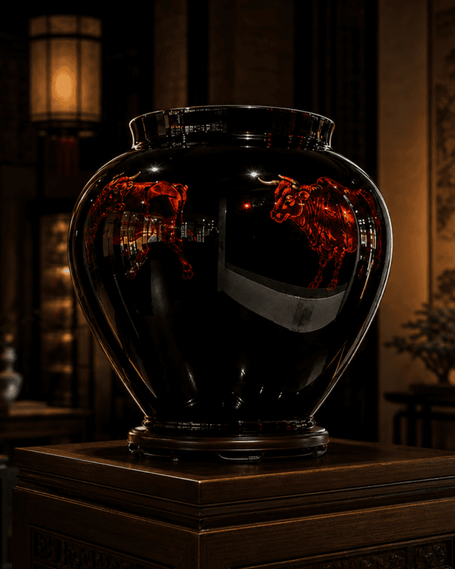 Five Oxen Lacquer Scroll Jar