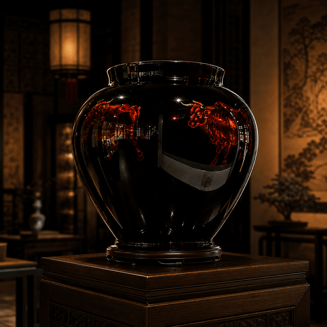 Five Oxen Lacquer Scroll Jar