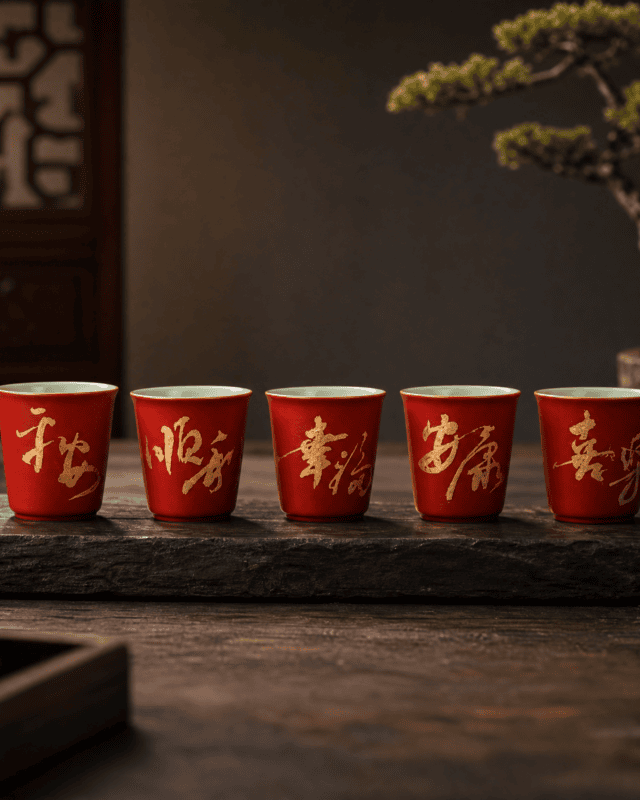 Four Seasons Ruyi Five Blessings Red Lacquer Tea Cup Set of 5