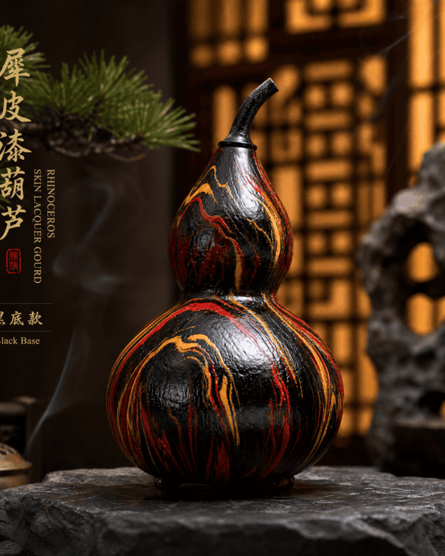 Four Seasons Ruyi Rhinoceros Skin Lacquer Gourd (Black Base)