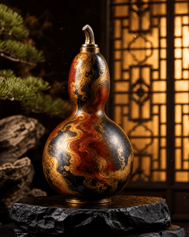 Four Seasons Ruyi Rhinoceros Skin Lacquer Gourd (Gold Pattern)