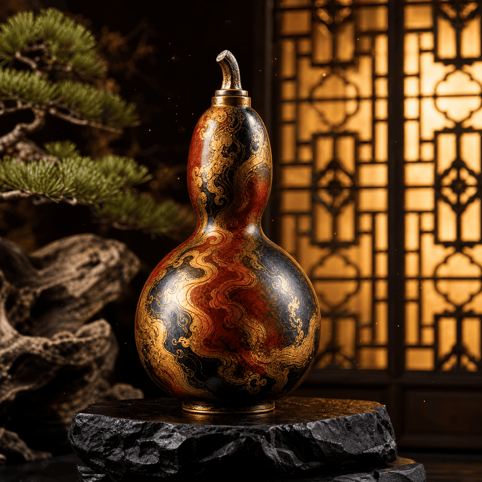Four Seasons Ruyi Rhinoceros Skin Lacquer Gourd (Gold Pattern)