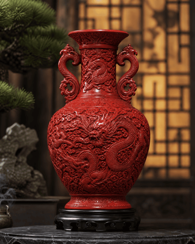 Full Relief Red Carved Dragon Double-ear Grand Vase