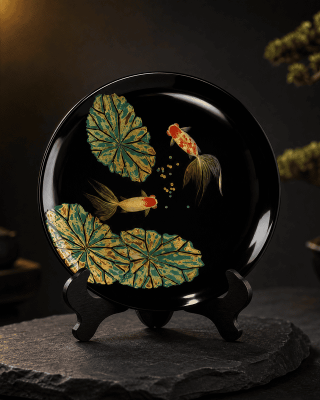 Koi Lotus Leaf Gold-painted Round Decorative Plate