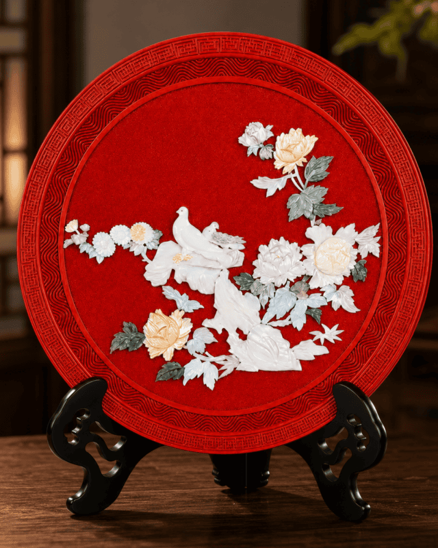 Peace & Prosperity Carved Lacquer Decorative Plate