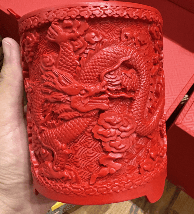 Red Carved Lacquer Brush Pot