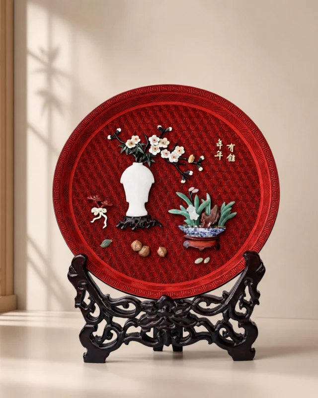 Carved Lacquer Plate with Jade Inlay (Abundance Year After Year)