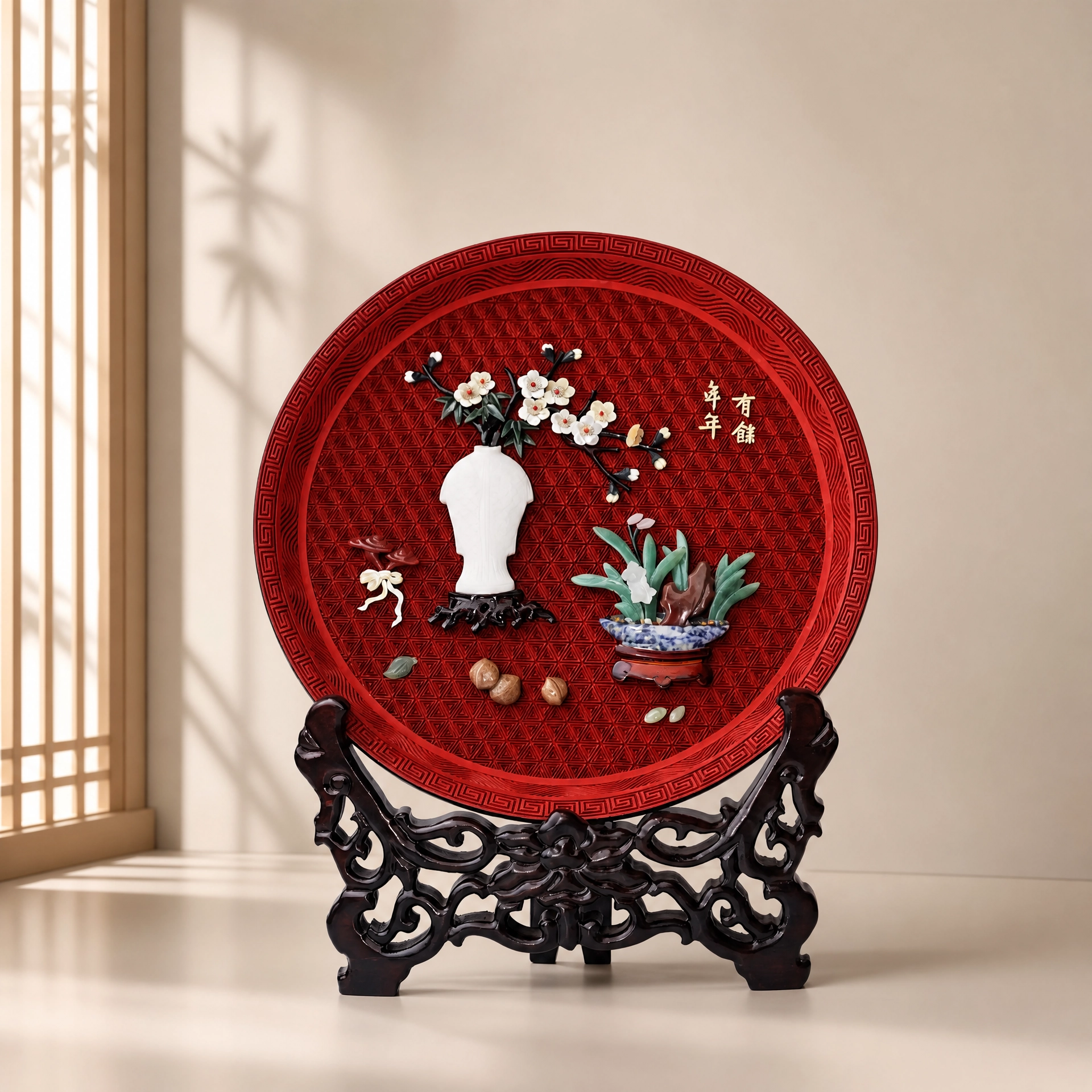 Carved Lacquer Plate with Jade Inlay (Abundance Year After Year)