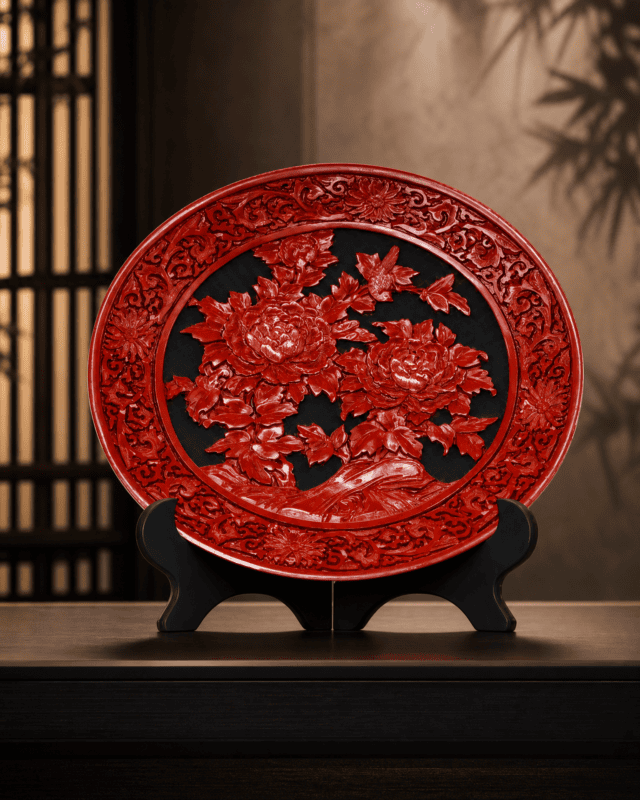 Carved Peony Lacquer Plate