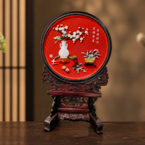 Carved Lacquer Screen with Jade Inlay (Peace and Well-being)