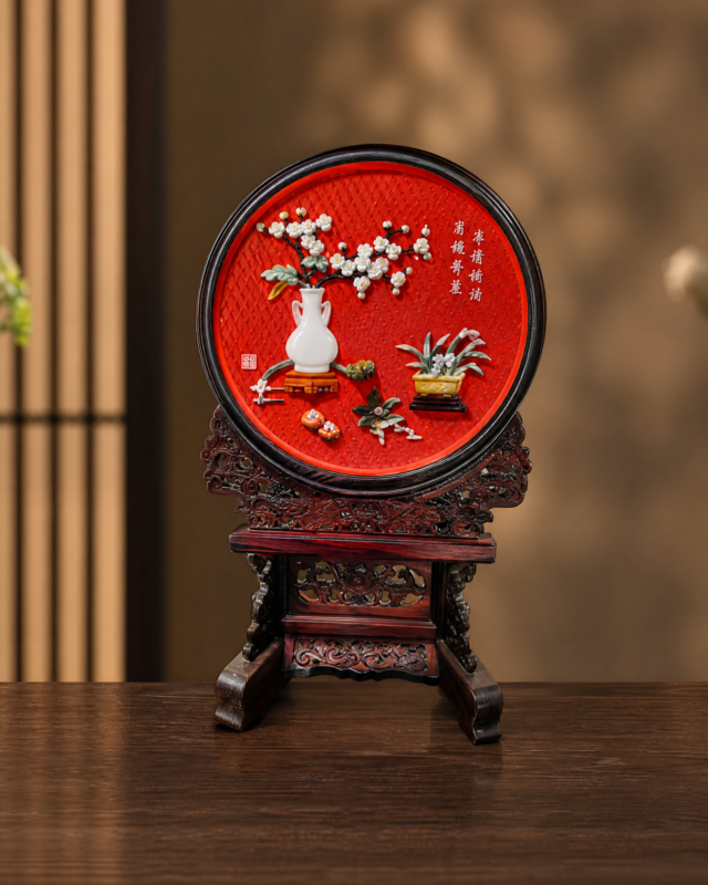 Carved Lacquer Screen with Jade Inlay (Peace and Well-being)