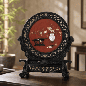 Round Carved Lacquer Screen with Jade Inlay