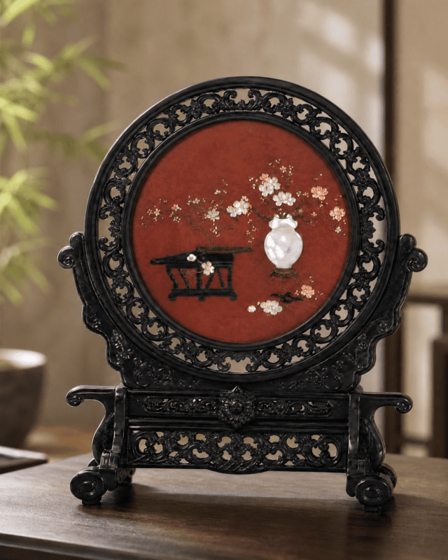 Round Carved Lacquer Screen with Jade Inlay