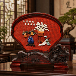 Fan-shaped Carved Lacquer Screen with Jade Inlay (Peace and Well-being)