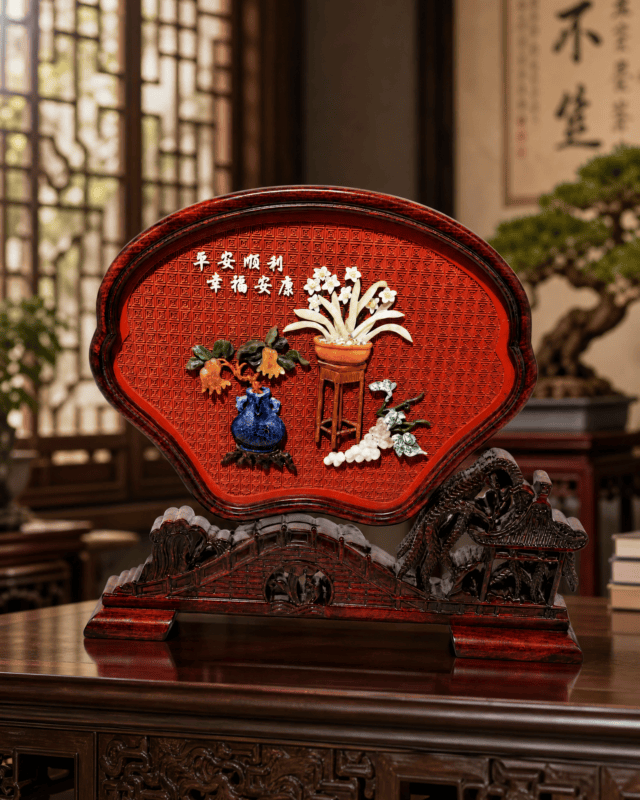 Fan-shaped Carved Lacquer Screen with Jade Inlay (Peace and Well-being)