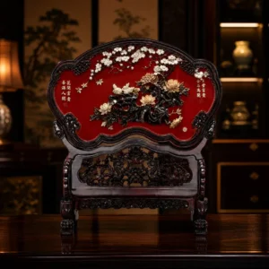 Fan-shaped Carved Lacquer Screen with Jade Inlay (Auspiciousness and Prosperity)
