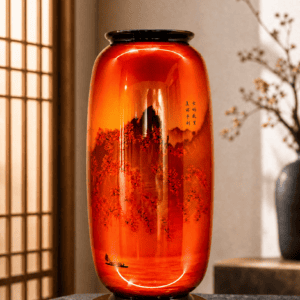 Myriad Mountains in Red Lacquer Vase