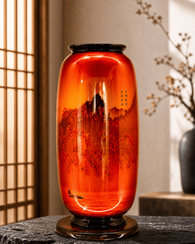 Myriad Mountains in Red Lacquer Vase