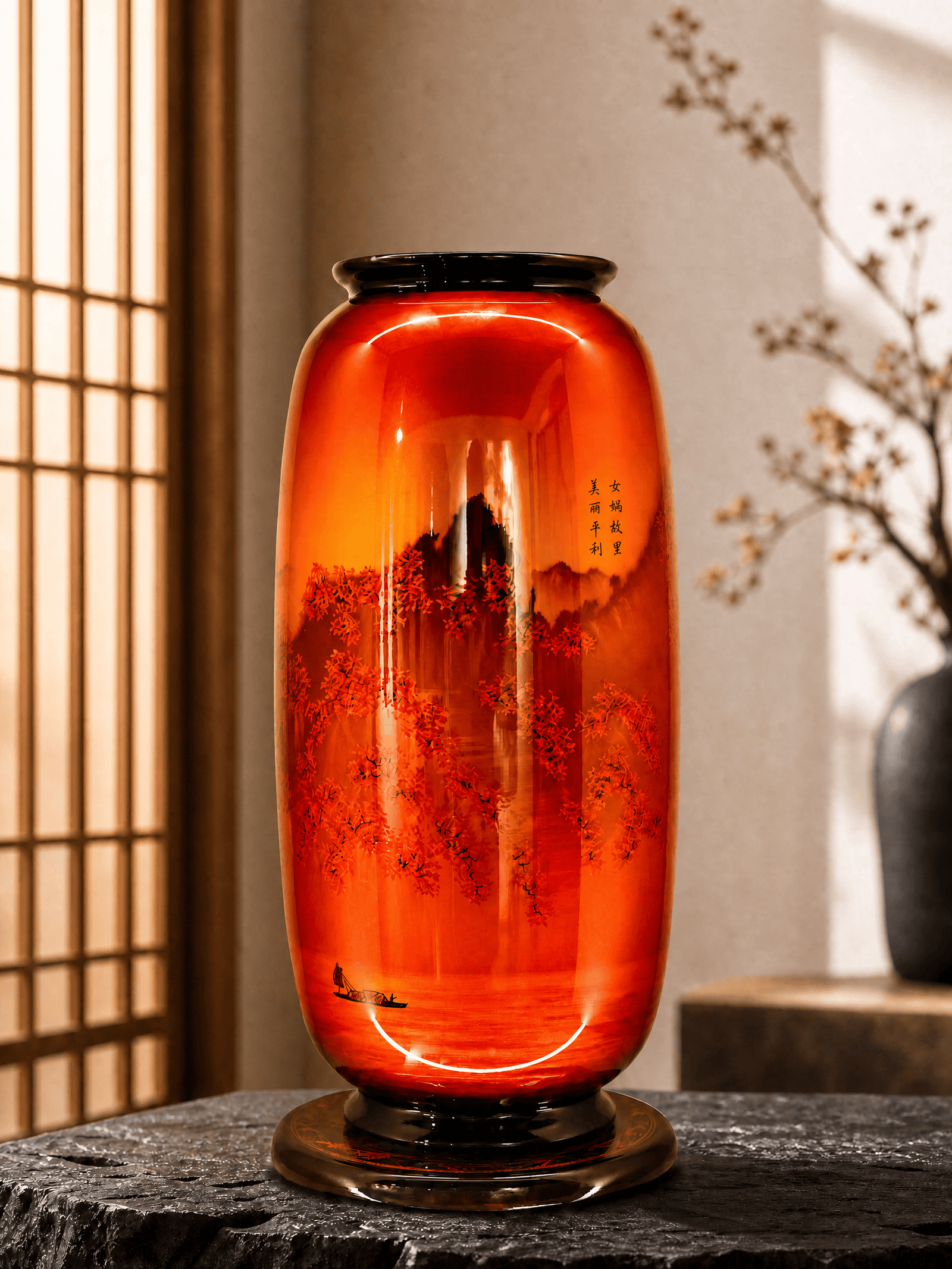 Myriad Mountains in Red Lacquer Vase